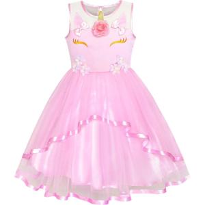 Sunny Fashion Flower Girls Dress Blue Belted Wedding Party Bridesmaid Size 4-12(Pink Unicorn)