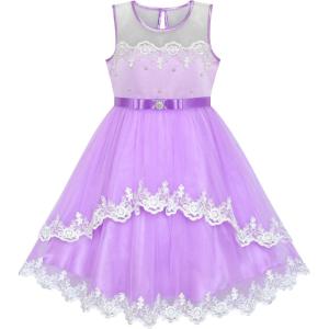 Sunny Fashion Flower Girls Dress Blue Belted Wedding Party Bridesmaid Size 4-12(Purple Lace)