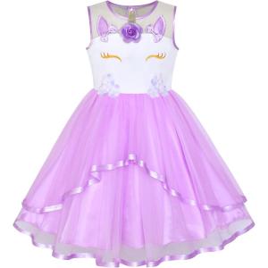 Sunny Fashion Flower Girls Dress Blue Belted Wedding Party Bridesmaid Size 4-12(Purple Unicorn)