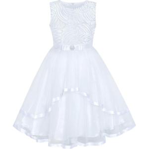 Sunny Fashion Flower Girls Dress Blue Belted Wedding Party Bridesmaid Size 4-12(White)