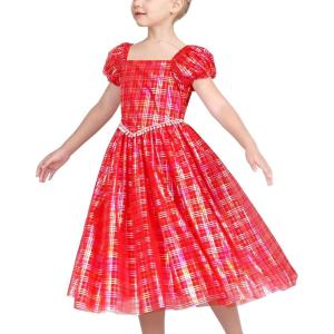 Sunny Fashion Flower Girls Dress Lace Hem Wedding First Communion Size 6-14(Red Plaid)