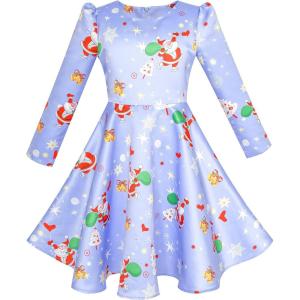 Sunny Fashion Girls Dress 3/4 Sleeve Christmas Santa Jingle Bell Snow Size 4-12(Blue Christmas)