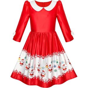 Sunny Fashion Girls Dress 3/4 Sleeve Christmas Santa Jingle Bell Snow Size 4-12(Red Shiny Satin)