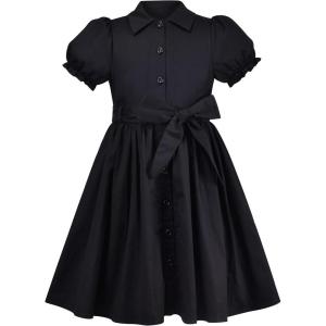 Sunny Fashion Girls Dress Beige Short Sleeve Collar Button Front School Uniform(Black)