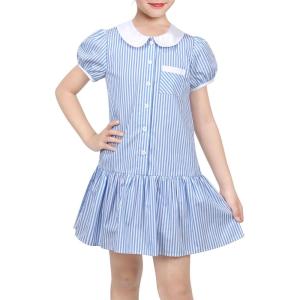 Sunny Fashion Girls Dress Beige Short Sleeve Collar Button Front School Uniform(Blue Striped)