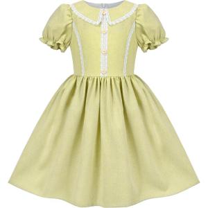 Sunny Fashion Girls Dress Beige Short Sleeve Collar Button Front School Uniform(Green)