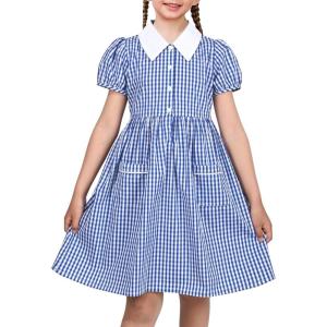 Sunny Fashion Girls Dress Beige Short Sleeve Collar Button Front School Uniform(Navy Gingham)