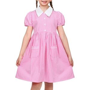 Sunny Fashion Girls Dress Beige Short Sleeve Collar Button Front School Uniform(Pink White)