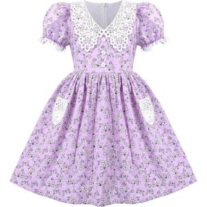 Sunny Fashion Girls Dress Beige Short Sleeve Collar Button Front School Uniform(Purple)