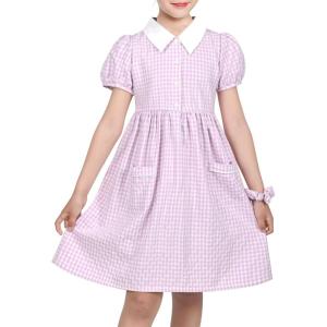Sunny Fashion Girls Dress Beige Short Sleeve Collar Button Front School Uniform(Purple Gingham)