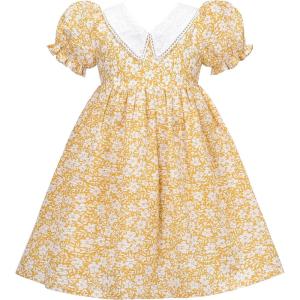 Sunny Fashion Girls Dress Beige Short Sleeve Collar Button Front School Uniform(Yellow)
