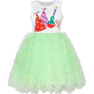 Sunny Fashion Girls Dress Birthday Princess Ruffle Dress Cake Balloon Print(Green)