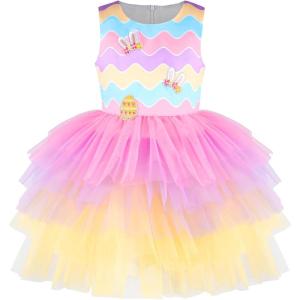 Sunny Fashion Girls Dress Birthday Princess Ruffle Dress Cake Balloon Print(Rainbow Bunny)