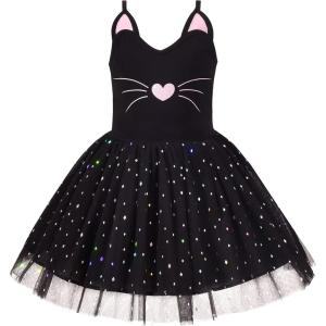 Sunny Fashion Girls Dress Cat Face Black Tower Ruffle Dancing Party Size 4-10(Black Diamond)