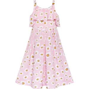 Sunny Fashion Girls Dress Chiffon Suspender Yellow Floral Ruffle Sleeveless(Pink Flower)