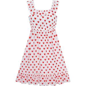 Sunny Fashion Girls Dress Chiffon Suspender Yellow Floral Ruffle Sleeveless(Red Heart)