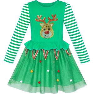 Sunny Fashion Girls Dress Christmas Santa Hat Long Sleeve Party Dress Size 6-12(Green Reindeer)