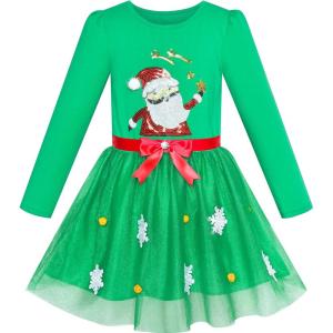 Sunny Fashion Girls Dress Christmas Santa Hat Long Sleeve Party Dress Size 6-12(Green Santa)