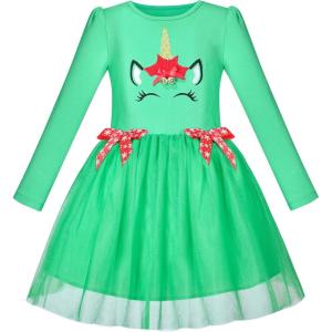 Sunny Fashion Girls Dress Christmas Santa Hat Long Sleeve Party Dress Size 6-12(Green Unicorn)