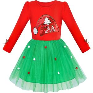 Sunny Fashion Girls Dress Christmas Santa Hat Long Sleeve Party Dress Size 6-12(Red)