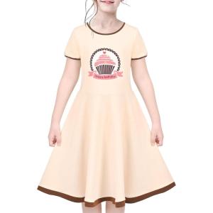 Sunny Fashion Girls Dress Colorful Striped Knitted Cotton Stretch School(Beige Cup Cake)