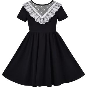 Sunny Fashion Girls Dress Colorful Striped Knitted Cotton Stretch School(Black)