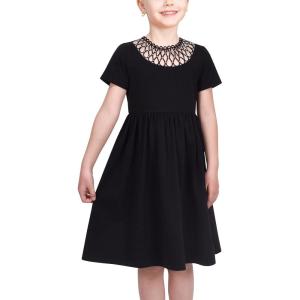 Sunny Fashion Girls Dress Colorful Striped Knitted Cotton Stretch School(Black Fishnet Collar)