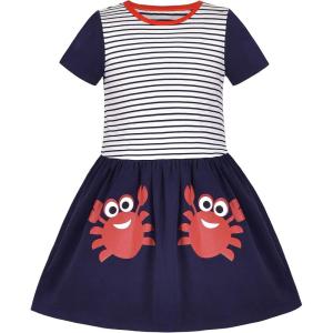 Sunny Fashion Girls Dress Colorful Striped Knitted Cotton Stretch School(Blue Crabs)