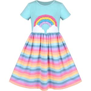 Sunny Fashion Girls Dress Colorful Striped Knitted Cotton Stretch School(Blue Rainbow)