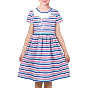 Sunny Fashion Girls Dress Colorful Striped Knitted Cotton Stretch School(Blue Striped)