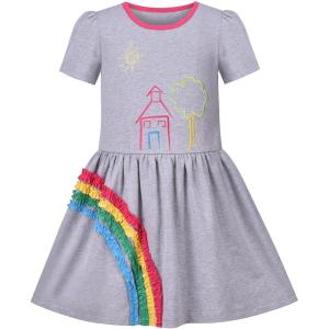 Sunny Fashion Girls Dress Colorful Striped Knitted Cotton Stretch School(Gray)