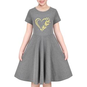 Sunny Fashion Girls Dress Colorful Striped Knitted Cotton Stretch School(Gray Gold Heart)