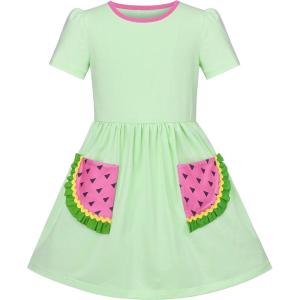 Sunny Fashion Girls Dress Colorful Striped Knitted Cotton Stretch School(Green Watermelon)
