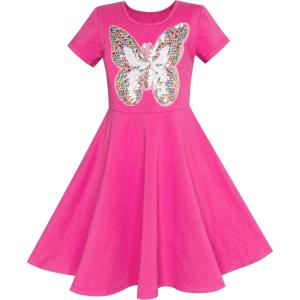 Sunny Fashion Girls Dress Colorful Striped Knitted Cotton Stretch School(Pink Short Sleeve)