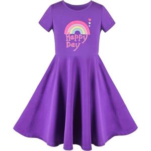 Sunny Fashion Girls Dress Colorful Striped Knitted Cotton Stretch School(Purple Rainbow)
