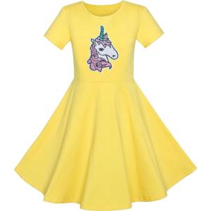 Sunny Fashion Girls Dress Colorful Striped Knitted Cotton Stretch School(Yellow Unicorn)