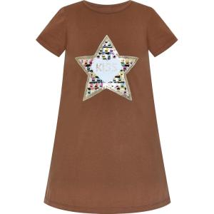 Sunny Fashion Girls Dress Cotton Casual Star Embroidered Violet Red Size 3-7(Brown)