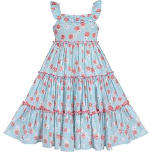 Sunny Fashion Girls Dress Cotton Flower Square Collar A Line Ruffle Flare(Blue Flower)