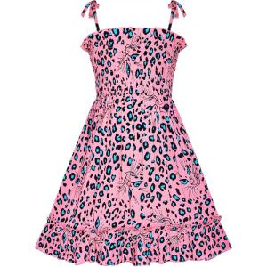 Sunny Fashion Girls Dress Cotton Flower Square Collar A Line Ruffle Flare(Pink 2)