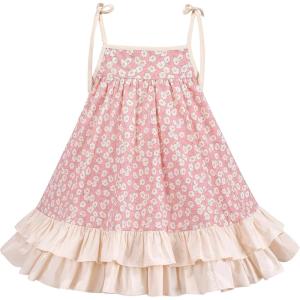 Sunny Fashion Girls Dress Cotton Flower Square Collar A Line Ruffle Flare(Pink Beige Flower)