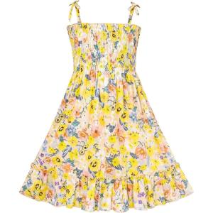Sunny Fashion Girls Dress Cotton Flower Square Collar A Line Ruffle Flare(Yellow Blue Flower)