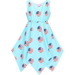 Sunny Fashion Girls Dress Flower Print Hanky Hem Princess Size 7-14(American Flag Blue)