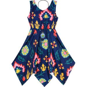 Sunny Fashion Girls Dress Flower Print Hanky Hem Princess Size 7-14(Navy Blue)