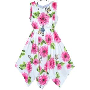 Sunny Fashion Girls Dress Flower Print Hanky Hem Princess Size 7-14(Pink)