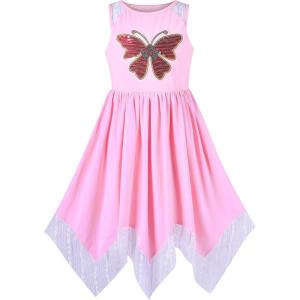 Sunny Fashion Girls Dress Flower Print Hanky Hem Princess Size 7-14(Pink Butterfly)