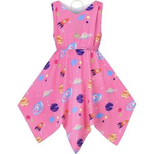 Sunny Fashion Girls Dress Flower Print Hanky Hem Princess Size 7-14(Pink Cosmos)