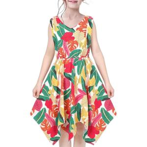 Sunny Fashion Girls Dress Flower Print Hanky Hem Princess Size 7-14(Tropical Leaf)