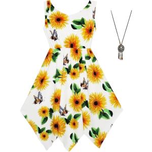 Sunny Fashion Girls Dress Flower Print Hanky Hem Princess Size 7-14(Yellow)
