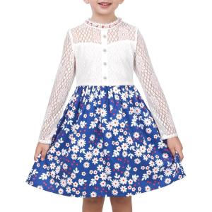 Sunny Fashion Girls Dress Green Floral Lace St Patrick Clover Party Long Sleeve(Blue Flower)