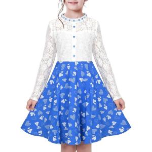Sunny Fashion Girls Dress Green Floral Lace St Patrick Clover Party Long Sleeve(Blue Heart)